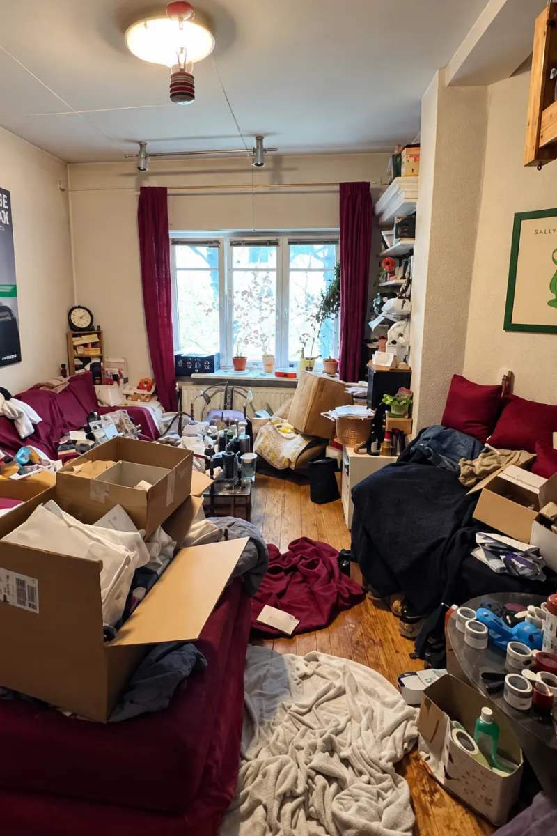 Living room crowded with boxes, clothes and household items